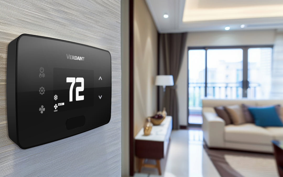 A black digital smart thermostat with a display showing '72' mounted on a light wood wall, with a blurred modern living room in the background. The brand name 'VERDANT' is visible above the screen.